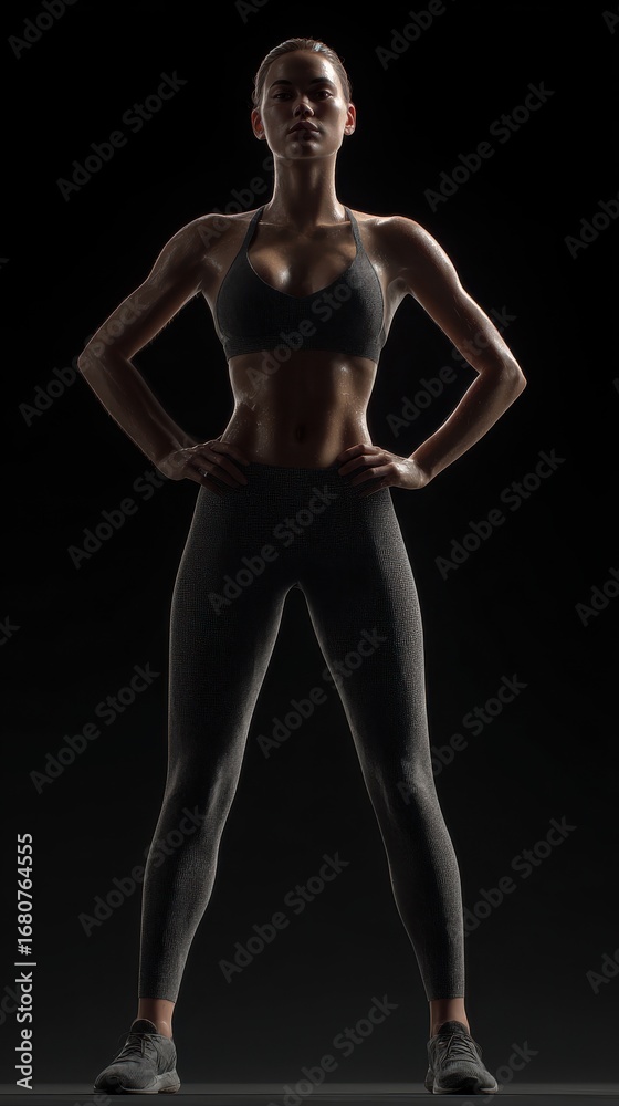 Naklejka premium A fit athlete stands boldly with hands on hips in a dark studio, highlighting her toned physique. The expression conveys confidence and focus, embodying strength and athleticism.