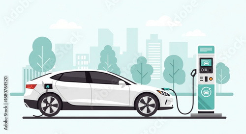 Electric car charging at station with city background green energy vehicle and sustainable transportation concept