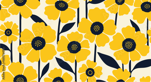 Seamless floral pattern with yellow flowers and dark navy stems for textile and wallpaper design use