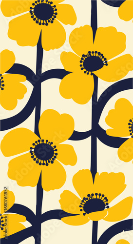 Floral pattern design with yellow flowers and navy stems for textile and surface design background 100