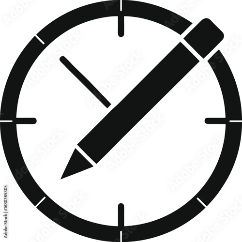 Black silhouette of a pencil and clock hands indicating time for writing or education isolated on white background isolated on transparent background