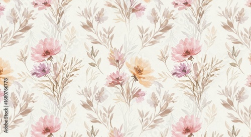 Wallpaper Mural Watercolor Floral Pattern with Pink Peach and Brown Flowers. Torontodigital.ca