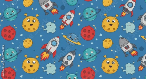 Wallpaper Mural Cartoon Space Pattern: Rockets Planets Aliens and Stars. Torontodigital.ca