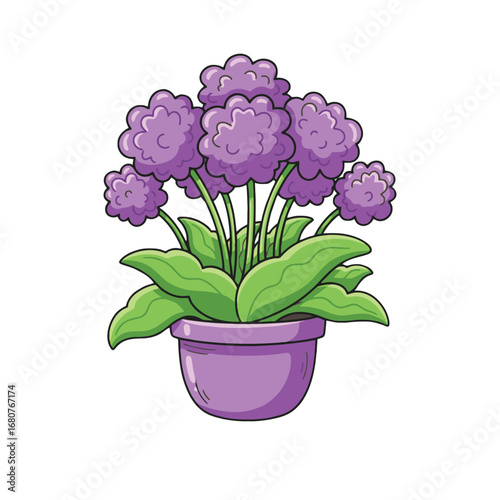 Blooming purple allium plant in pot decorative vector illustration