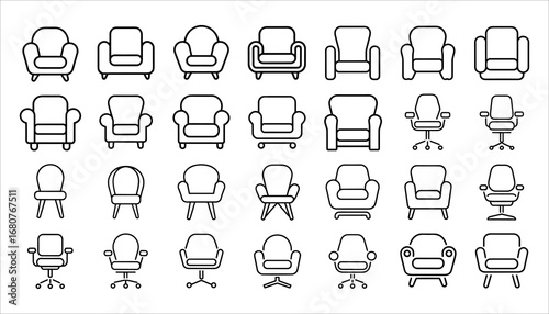 Chair Icon Set Vector, Sofa Armchair Office Seat Outline Illustration, Modern Furniture Line Art