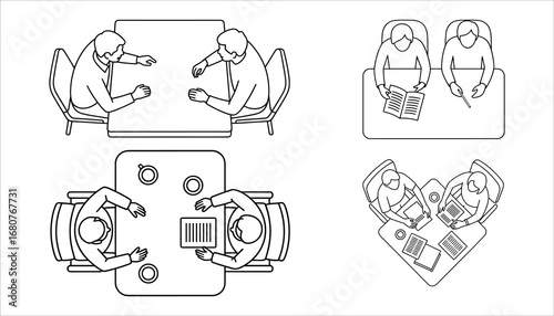 Business Meeting Vector, Office Teamwork Collaboration Top View Illustration, People Working Outline Icon Set