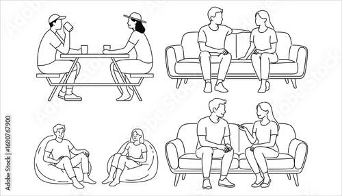Couple Conversation Line Art Vector, People Sitting Talking on Sofa and Bean Bag, Minimal Outline Illustration