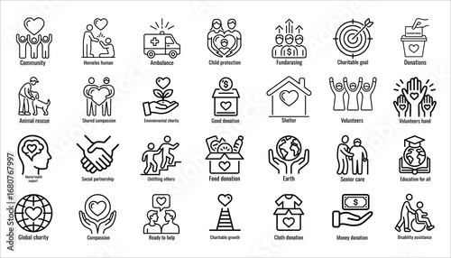 Charity Donation Icon Set Vector, Community Support Volunteer Outline Illustration, Social Care Line Art