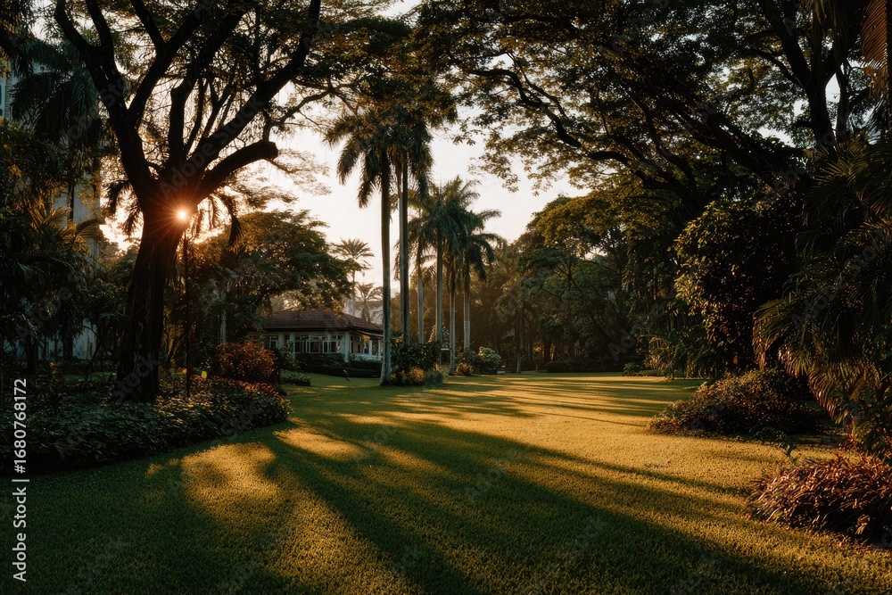 Fototapeta premium Lush garden at sunset, long shadows on manicured lawn