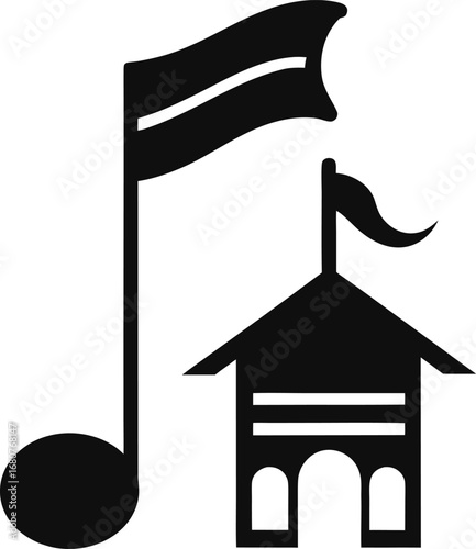 Musical note flag flying above a small building with a flag on a white background isolated on white background isolated on transparent background silhouette