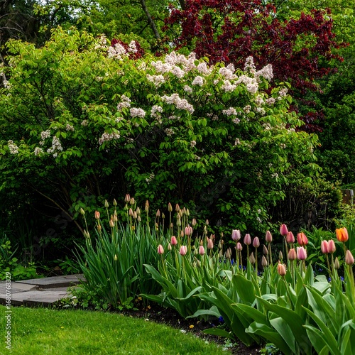 Spring garden path with flowers