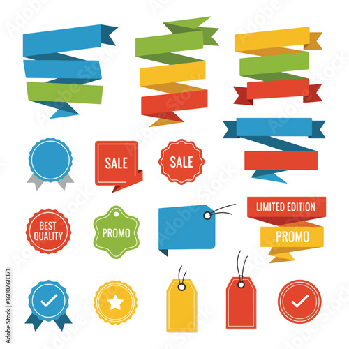 Collection of colorful graphic design elements, including ribbons, badges, tags, and sale signs, for promotional use.