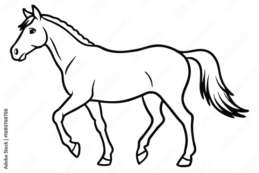 Fototapeta premium Walking Horse with Black Outline, Side View on White Background Design
