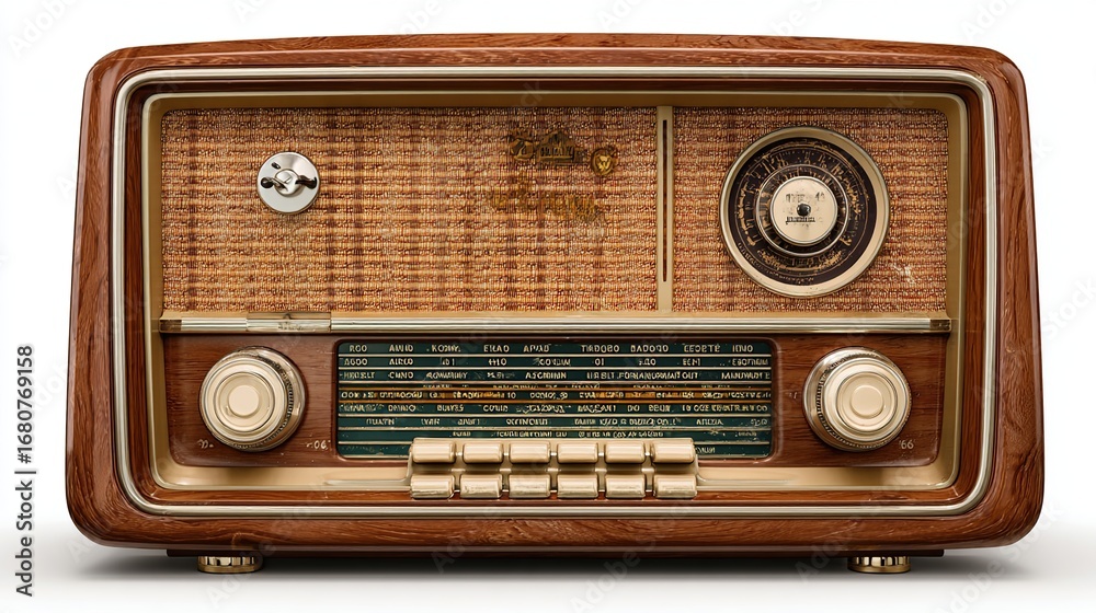Fototapeta premium Vintage wooden radio receiver, featuring knobs, dial, and buttons against white
