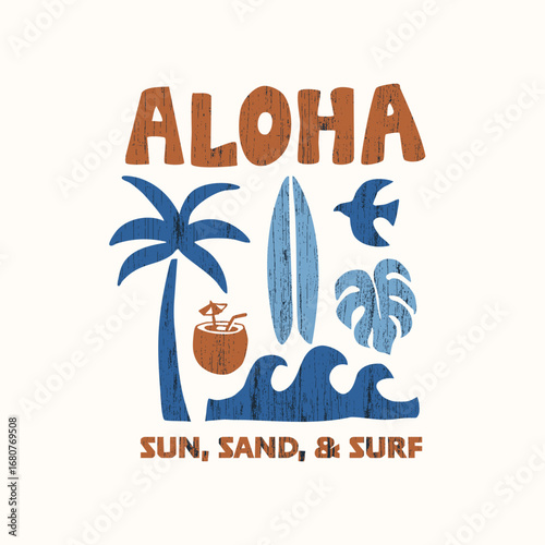 Retro Aloha t-shirt design with palm tree, surfboard, wave, tropical leaf, bird, and coconut drink. Summer beach vibes perfect for apparel, posters, stickers, and prints.