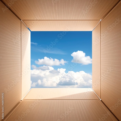 A light-filled cardboard box opens to reveal a vast, vibrant blue sky dotted with fluffy white clouds, offering a sense of freedom and possibility.