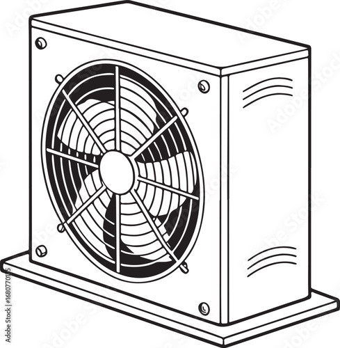 Air conditioner outdoor unit vector illustration, HVAC cooling system fan design, air conditioning condenser box drawing for ventilation and climate control concepts