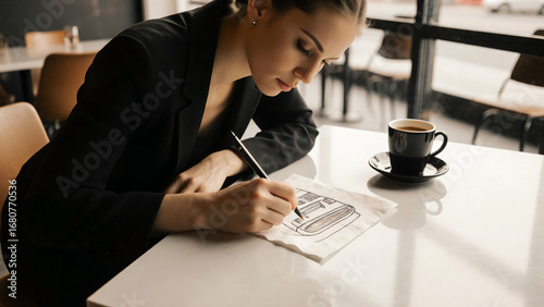 Creative Sketching in Cafe: Woman Drawing on Napkin
카페에서의 창의적 스케치: 냅킨에 그림을 그리는 여성