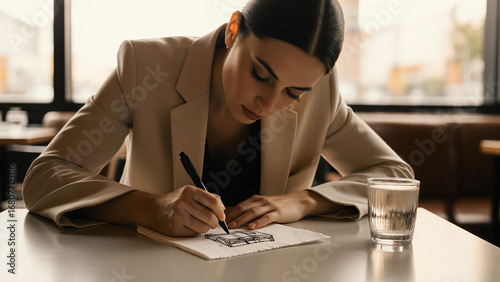Creative Sketching in Cafe: Woman Drawing on Napkin
카페에서의 창의적 스케치: 냅킨에 그림을 그리는 여성