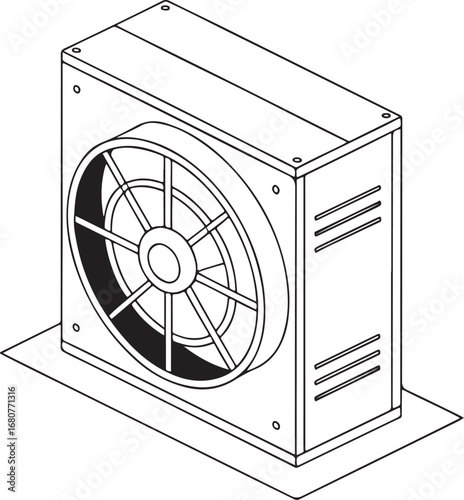 Air conditioner outdoor unit vector illustration, HVAC cooling system fan design, air conditioning condenser box drawing for ventilation and climate control concepts
