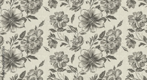 Elegant Floral Pattern: Gray Flowers and Leaves on Cream Background.