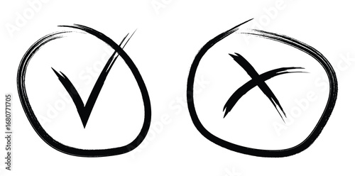 Check mark and Cross mark icon. Hand drown circle grunge Check box icon with right and wrong buttons. Vector illustration.