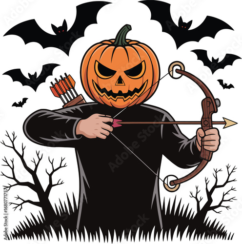Pumpkin headed archer with bow and arrows and bats