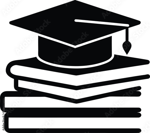Graduation cap placed on a stack of books representing education and knowledge isolated on white background isolated on transparent background silhouette