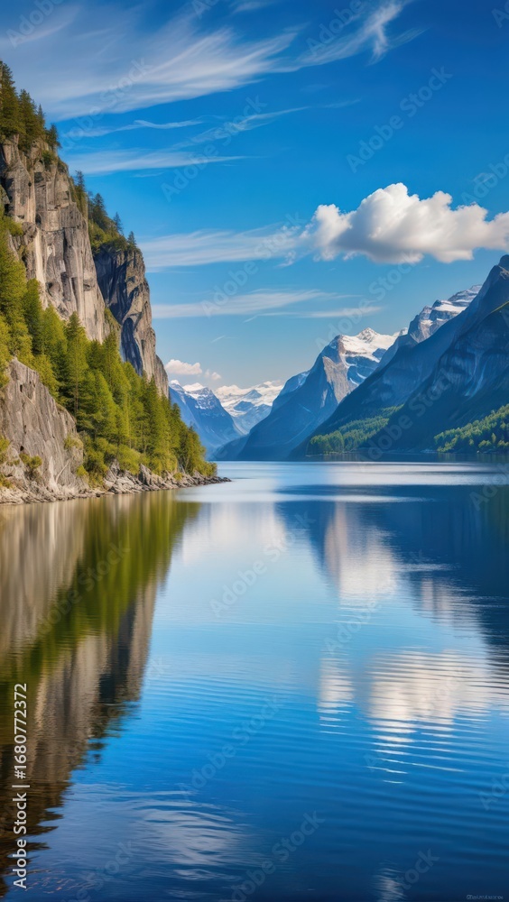 Naklejka premium Majestic fjord with snow-capped mountains and serene lake waters