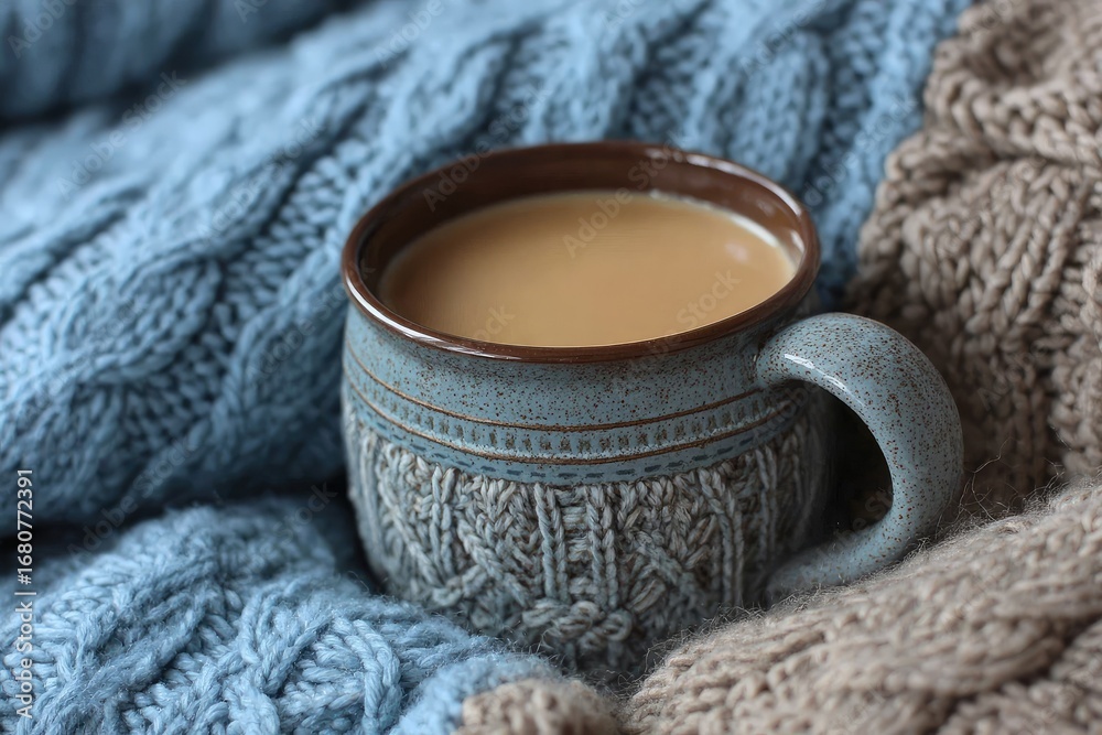 custom made wallpaper toronto digitalCozy blue mug of coffee nestled in knit blankets