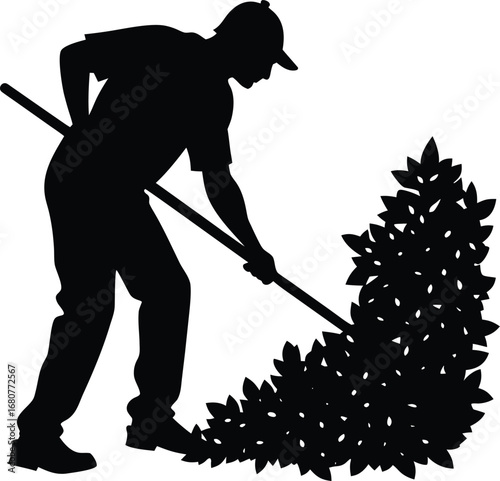 Silhouette of a gardener trimming a bush with a hedge trimmer on white background