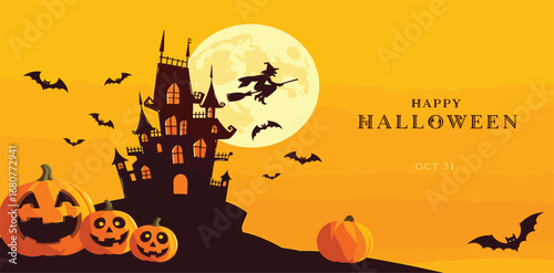 3D illustration of Halloween theme banner with group of Jack O Lantern pumpkin and paper graphic style of castle on background.