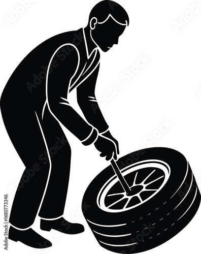 Silhouette of a man changing a tire on a car automotive repair on white background