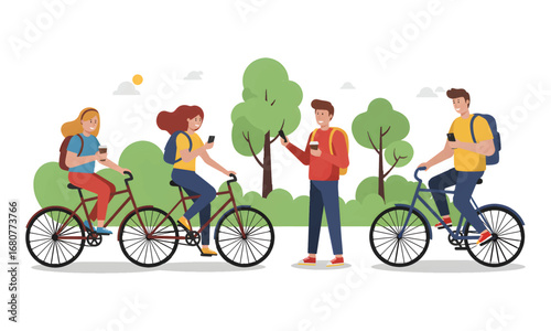 Group of young friends on a bike ride in a summer park, distracted by social media on their smartphones