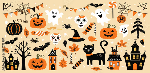 Cute pumpkins and ghosts characters. Funny halloween personages, white smiling spirits, spooky party, faces carving, autumn creepy mascot garish vector cartoon flat style isolated set