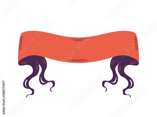 Rustic spooky ribbon banner in Halloween theme with curved ragged shape and worn torn edges. Perfect for seasonal decoration, haunted party posters, flyers and eerie designs. Vector flat illustration.
