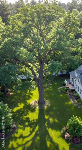 Large oak tree casting a shadow on a green lawn near a house.