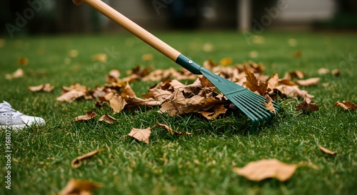 Wallpaper Mural A person raking a pile of fallen autumn leaves on a green lawn with a garden rake. Torontodigital.ca