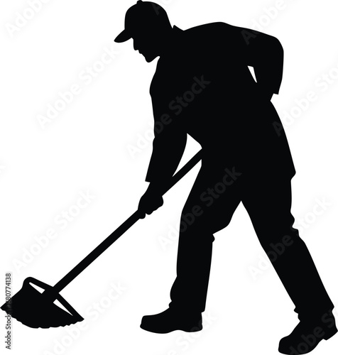 Silhouette of a worker sweeping with a broom and wearing a cap on white background