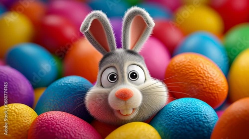 Cartoon bunny peeking out from bright assortment of colorful Easter eggs. Festive atmosphere with playful design, suitable for holiday marketing. Concept of Easter, joy, celebration