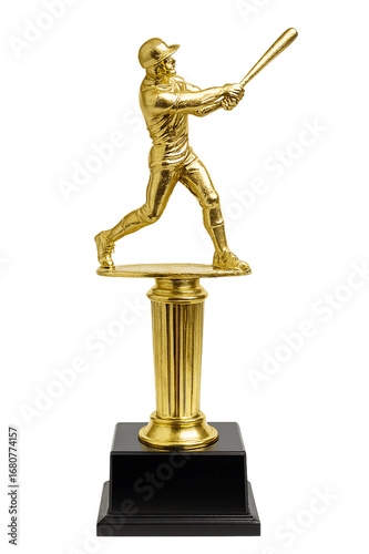 Golden baseball trophy against a black backdrop on transparent background