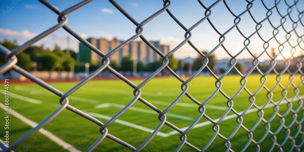 Fototapeta premium Metal mesh fence with blurred football field