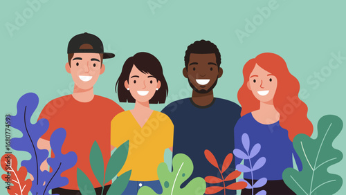 Smiling Diverse Young People with Foliage - Friendship & Community Vector Illustration