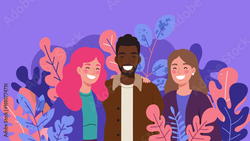 Diverse Friends Embracing with Colorful Plants: Unity, Happiness, and Community Illustration