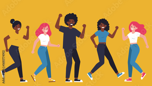 Joyful Diverse Group Dancing. Energetic Friends Celebrating. Flat Vector Illustration.