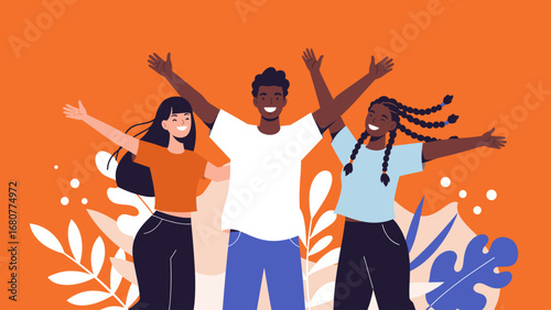 Joyful Diverse Young People Celebrating Together with Raised Arms - Flat Illustration