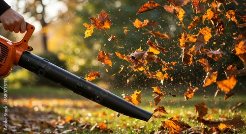Wallpaper Mural A person using a leaf blower to clear colorful fallen autumn leaves from a grassy lawn. Torontodigital.ca