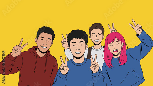 Cheerful diverse young friends making peace signs. Happy youth group illustration on vibrant yellow background.