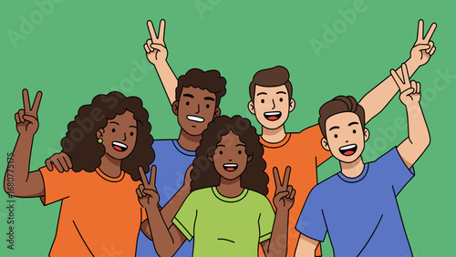 Diverse Group of Smiling Young Friends Showing Peace Signs on Green Background, Celebrating Unity and Friendship
