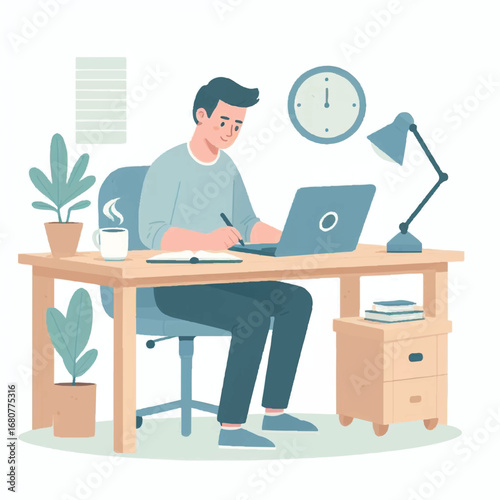 Modern Workspace: A focused individual sits at a tidy desk, engrossed in work on their laptop, illuminated by a sleek desk lamp, embodying the essence of a modern workspace.